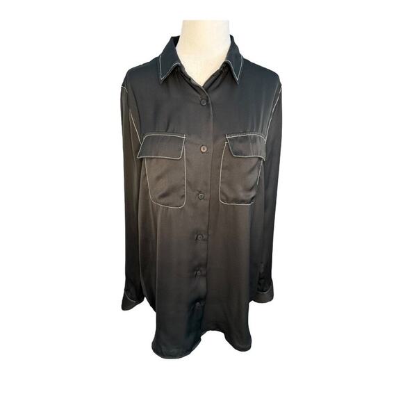 Urban Outfitters Women's Small Black Button-Up Blouse White Stitching Satin Feel - Picture 1 of 7